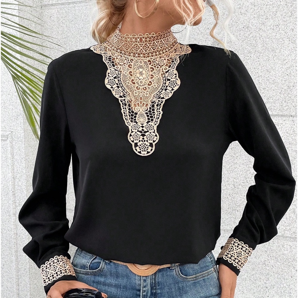 Women's  Lace Insert Mock Neck Blouse